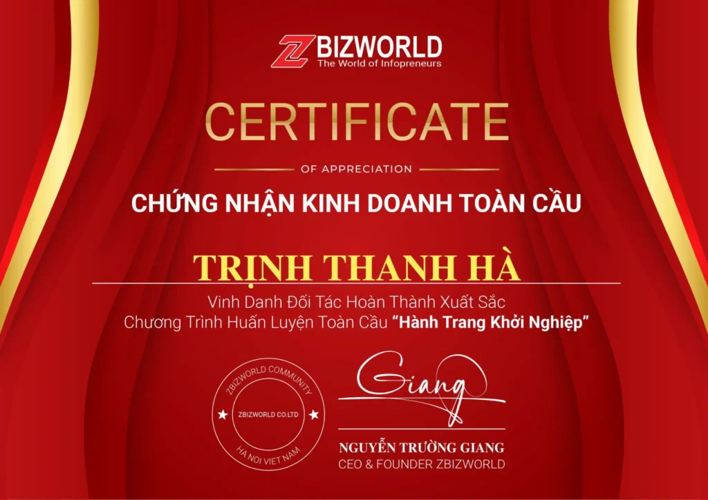 Chứng nhận Hành Trang Khởi Nghiệp của Trịnh Thanh Hà