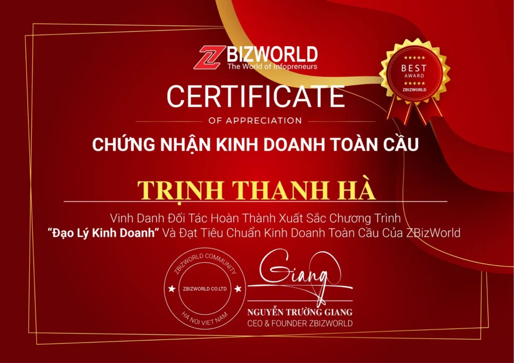 Chứng nhận hoàn thành Đạo Lý Kinh Doanh của Trịnh Thanh Hà